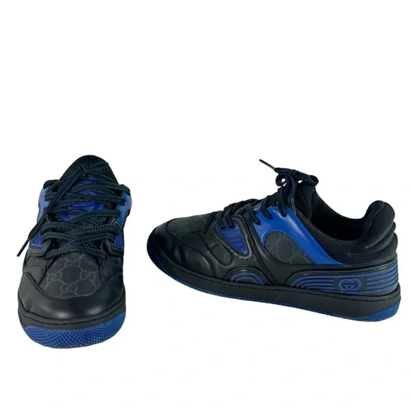 GUCCI Black & Blue Leather/Canvas GG Basket Low Top Men's Sneakers Italy 6.5-7US